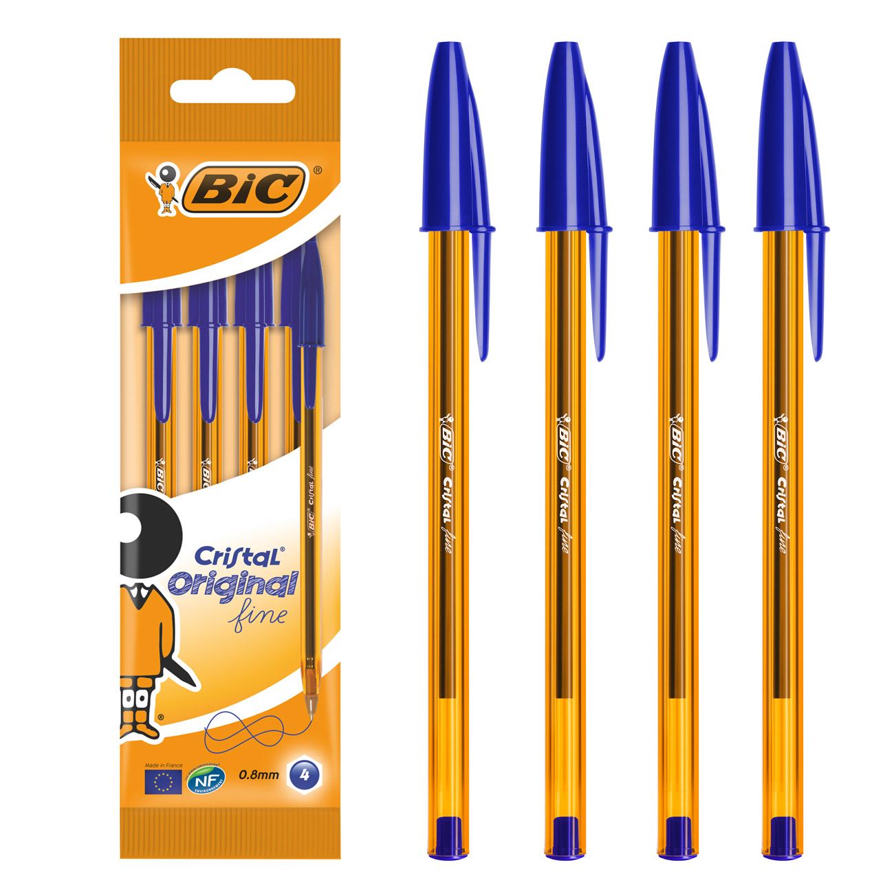 Set pixuri bic cristal fine, 4 bucati, corp galben, cerneala albastra