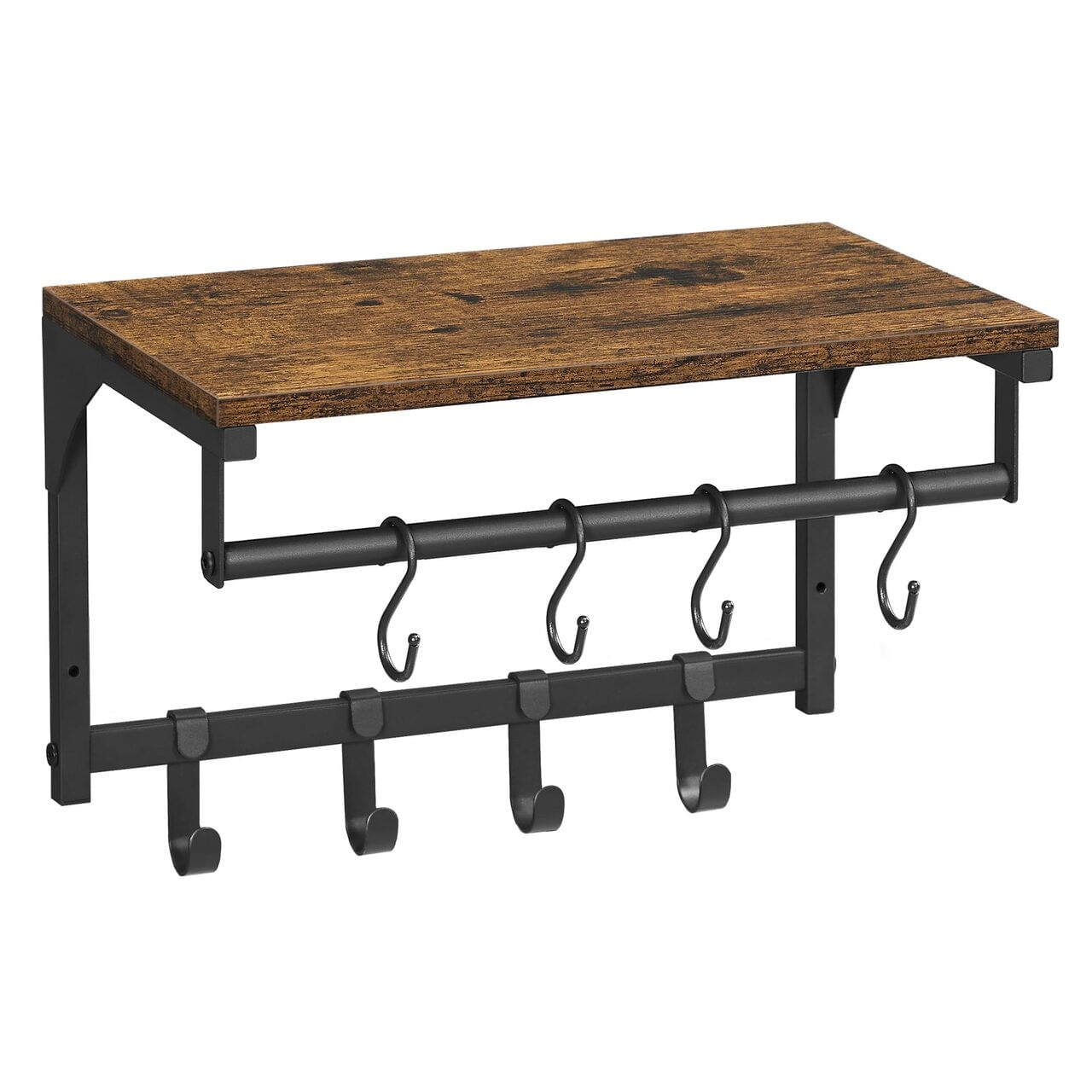 Cuier de perete cu raft, Artool, 8 carlige, otel, pal, negru si maro rustic, 40x24x24 cm — imaginea 2
