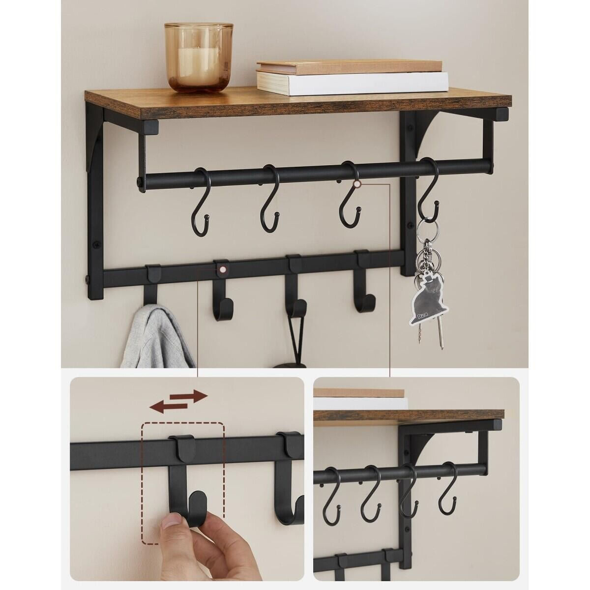 Cuier de perete cu raft, Artool, 8 carlige, otel, pal, negru si maro rustic, 40x24x24 cm — imaginea 3