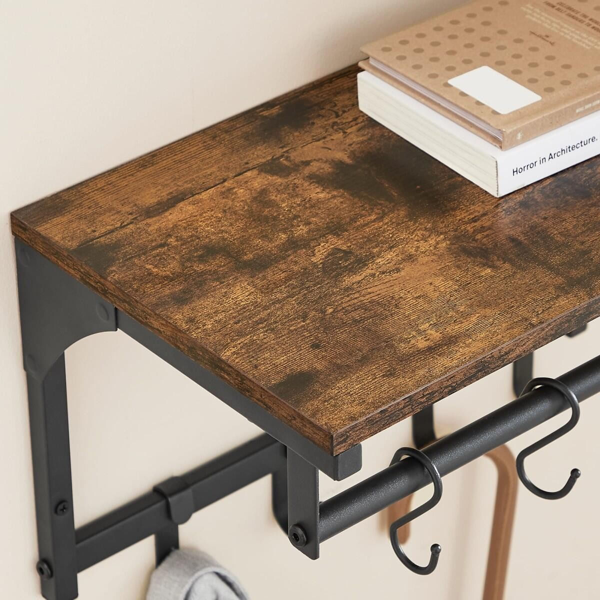 Cuier de perete cu raft, Artool, 8 carlige, otel, pal, negru si maro rustic, 40x24x24 cm — imaginea 4