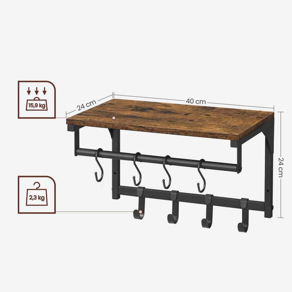 Cuier de perete cu raft, Artool, 8 carlige, otel, pal, negru si maro rustic, 40x24x24 cm — imaginea 5