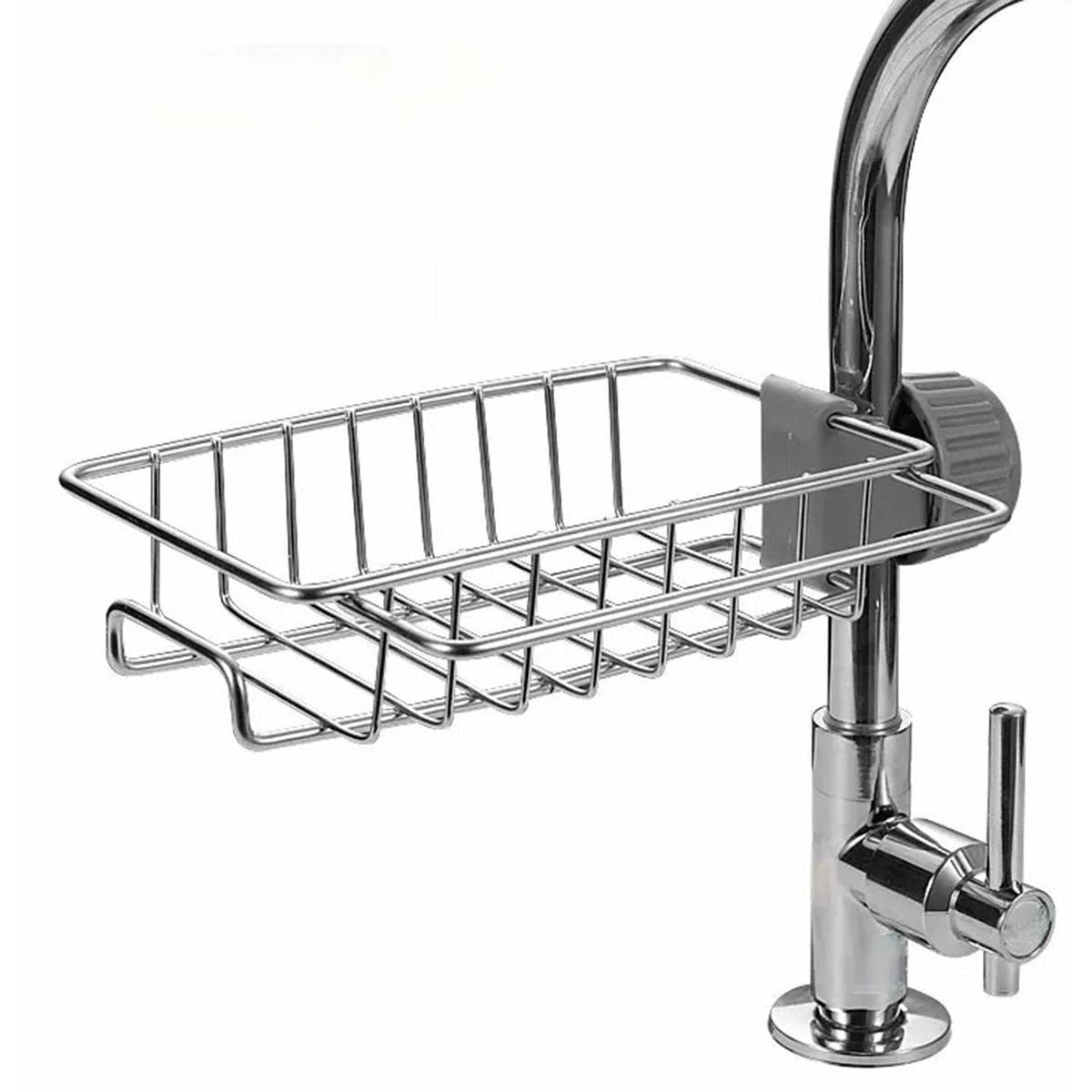 Raft organizator universal pentru bucatarie sau baie, montaj pe robinet, material otel, culoare Argintiu — imaginea 2