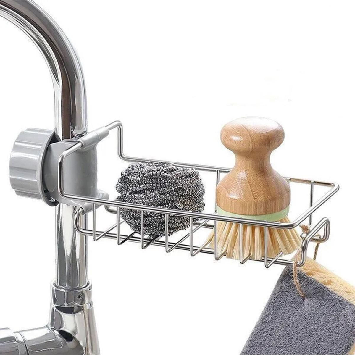 Raft organizator universal pentru bucatarie sau baie, montaj pe robinet, material otel, culoare Argintiu — imaginea 5