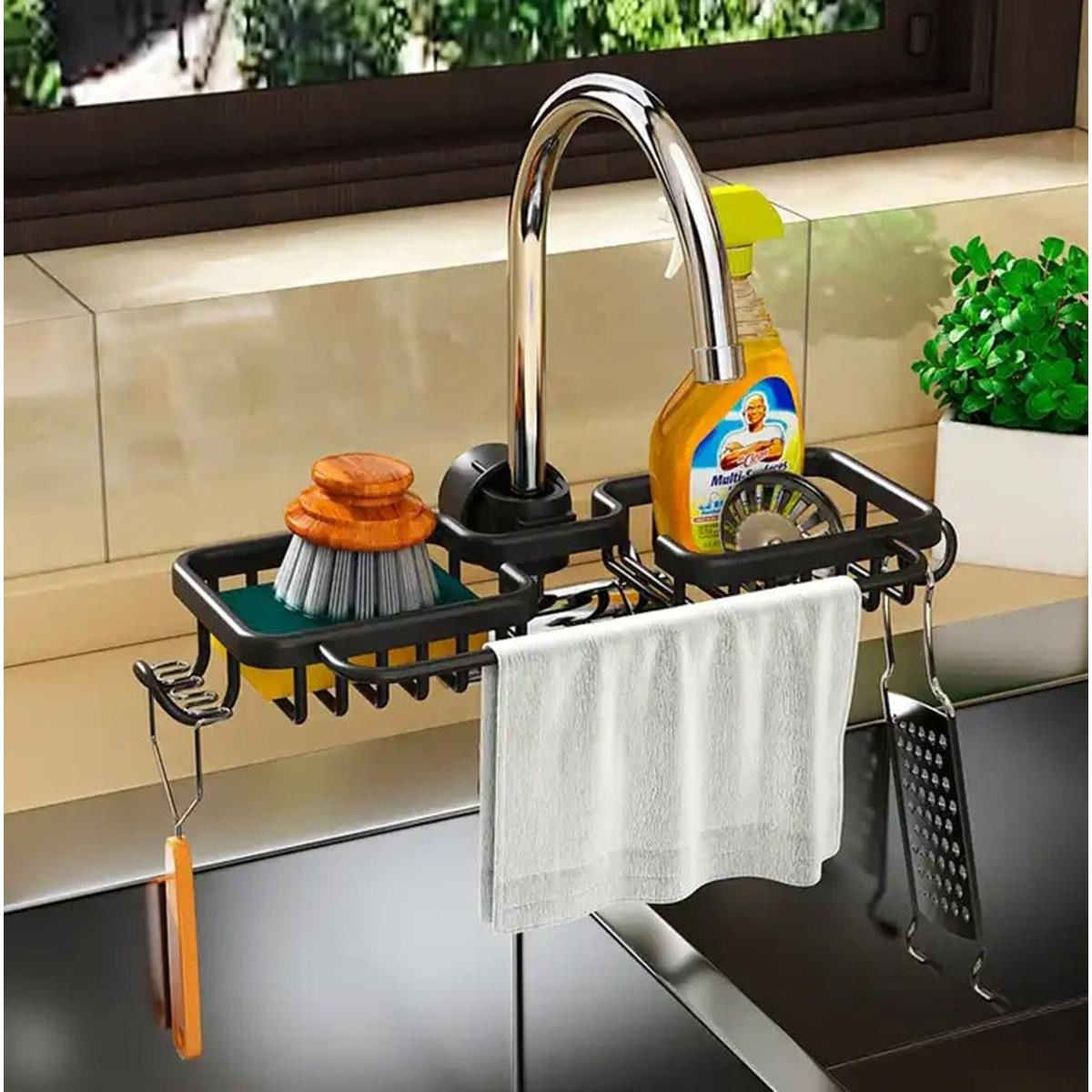 Raft organizator dublu, universal pentru bucatarie sau baie, montaj pe robinet, material otel, culoare Neagra — imaginea 3