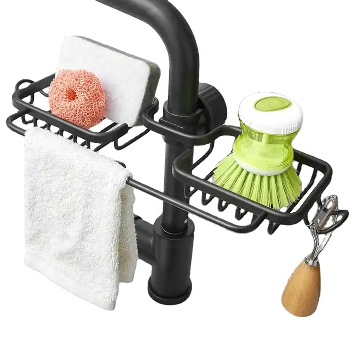 Raft organizator dublu, universal pentru bucatarie sau baie, montaj pe robinet, material otel, culoare Neagra — imaginea 4