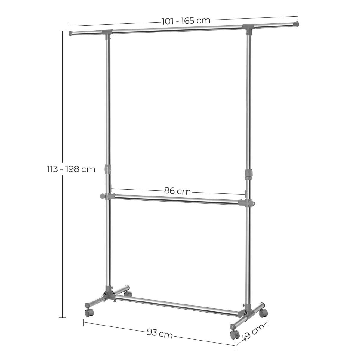 Suport mobil cu roti pentru haine, Artool, reglabil, inox, argintiu, max 50 kg, 101-165x49x113-198 cm — imaginea 3