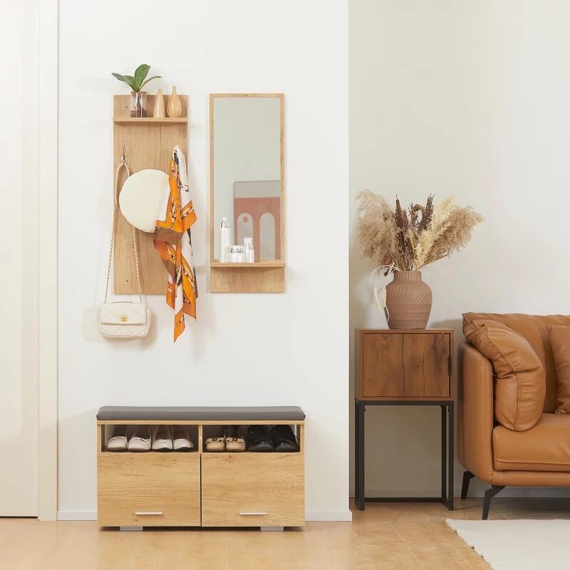 Set mobilier hol, pal, cu pantofar, cuier, oglinda, natur, 3 piese — imaginea 2