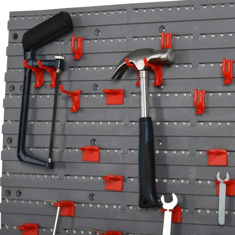 Panou scule, PP, 2 module, 2 rafturi tip suport, 50 de carlige, gri si rosu, max 30 kg, 95.5x53.5 cm — imaginea 3