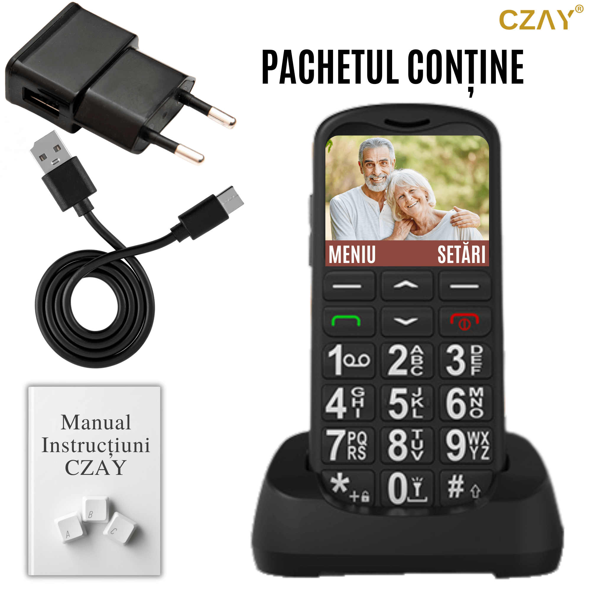 Telefon Mobil Seniori cu Taste Mari, CZAY®, Meniu in Limba Romana, Autonomie 7 Zile, Volum Mare, Buton SOS, 2G, Dual Sim