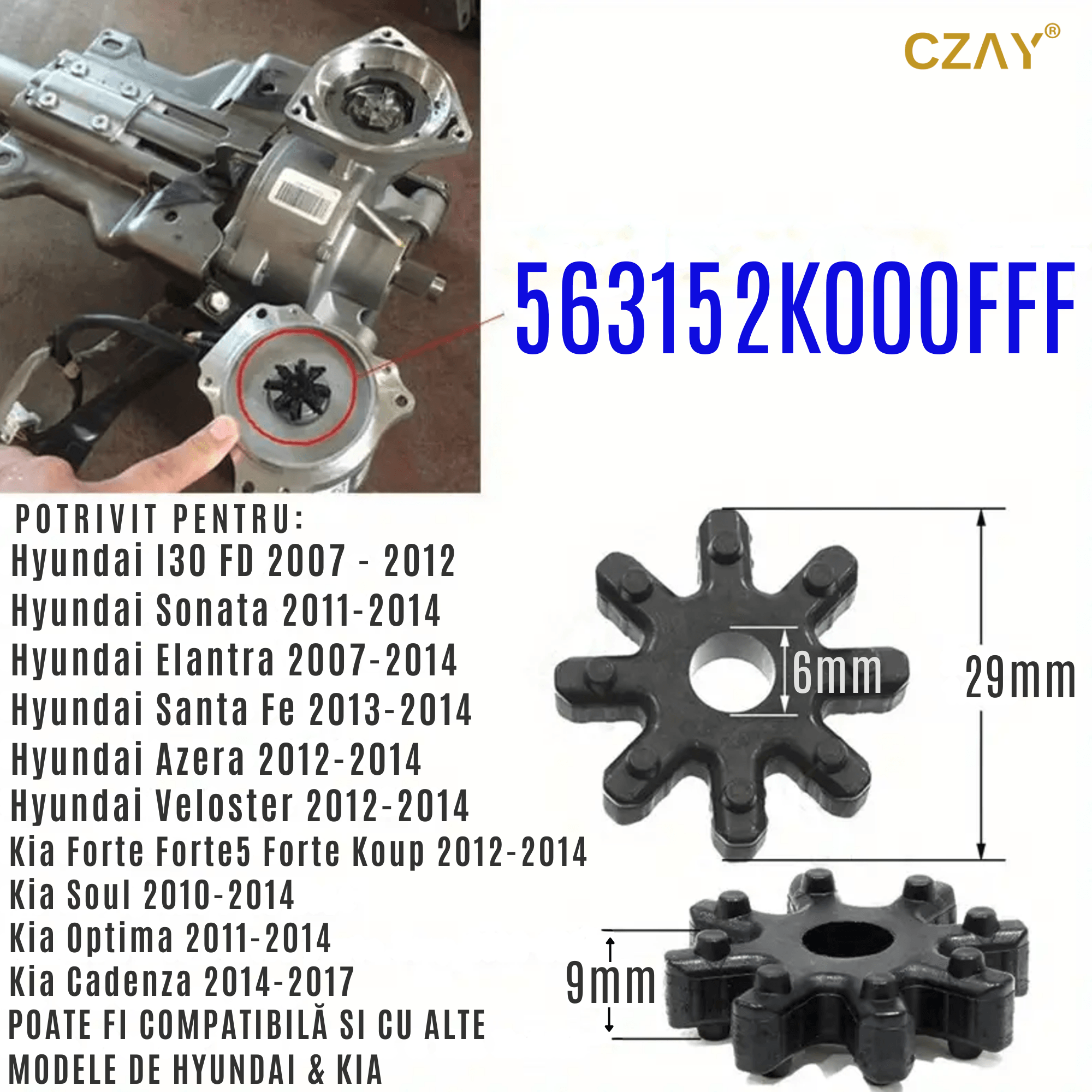 Cupla Coloana Directie CZAY®, Compatibila cu Hyundai si KIA, Montare Usoara, Cod 563152K000FFF, Cauciuc, 29x9x6 mm