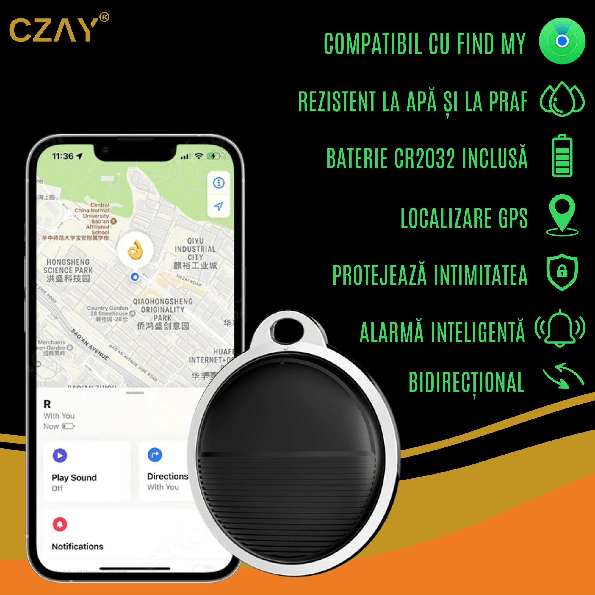 Dispozitiv Antipierdere Localizare GPS Tracker CZAY®, Compatibil iPHONE, Acoperire Globala, Bluetooth, Baterie Inclusa - 1 | YEO