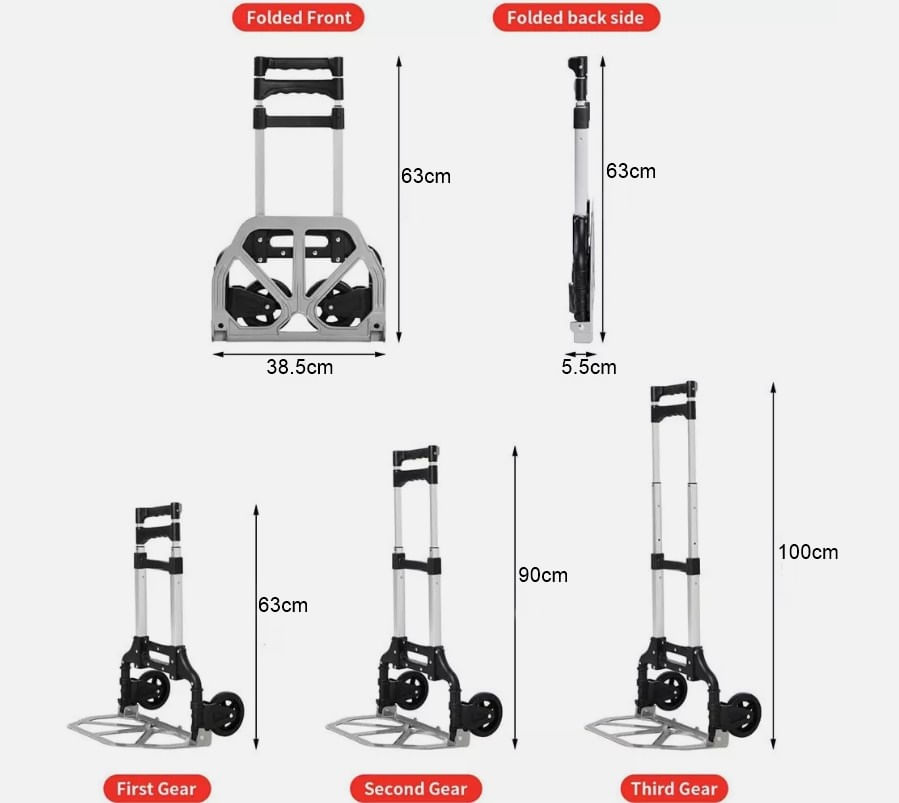 Carucior pliabil pentru transport marfa, cu coarda elastica, 75 kg, aluminiu, negru / gri, Vivo FT100 — imaginea 6