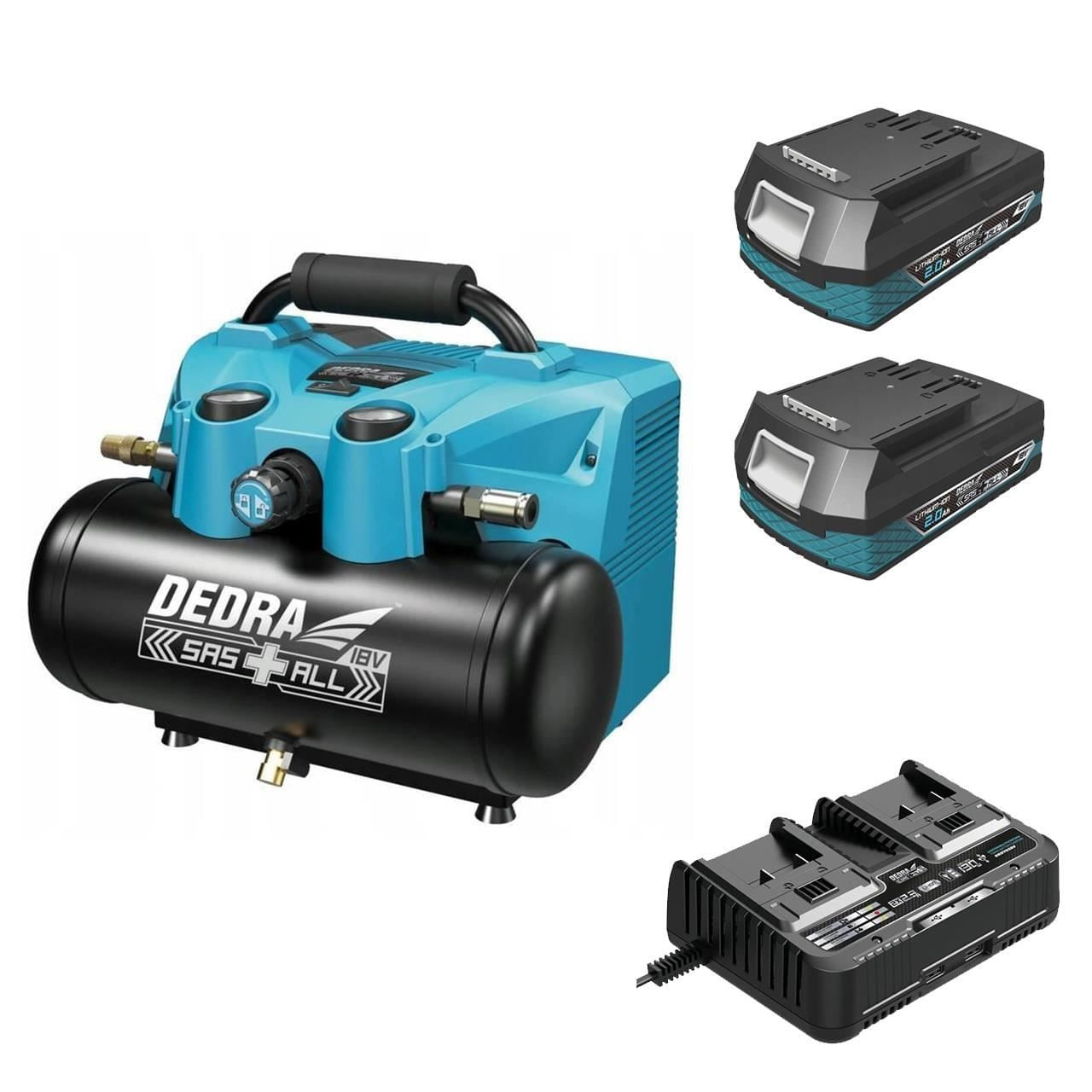 Compresor portabil, cu 2 acumulatori 2 Ah, incarcator 2x18V Li-ion, 6 L, 8 bar, SAS+ALL, Dedra — imaginea 4