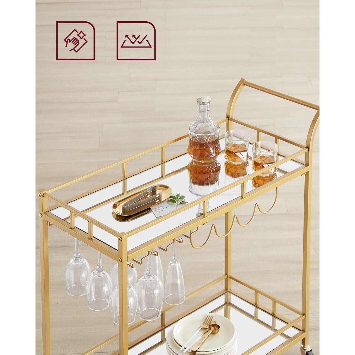 Raft mobil pentru bucatarie, Artool, pe roti, otel, sticla, cu suport pahare si sticle, auriu, 86x38x90 cm — imaginea 2