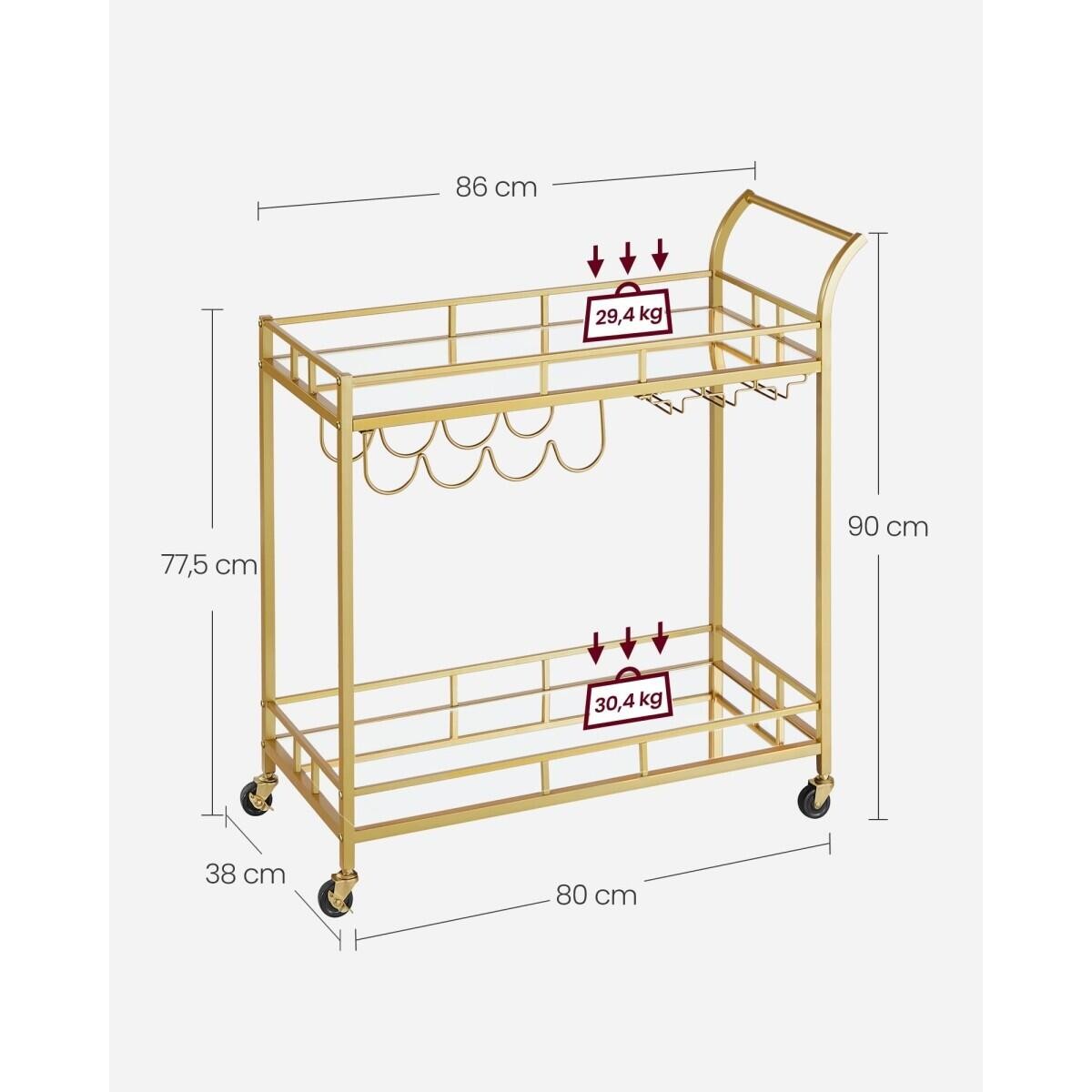 Raft mobil pentru bucatarie, Artool, pe roti, otel, sticla, cu suport pahare si sticle, auriu, 86x38x90 cm — imaginea 5