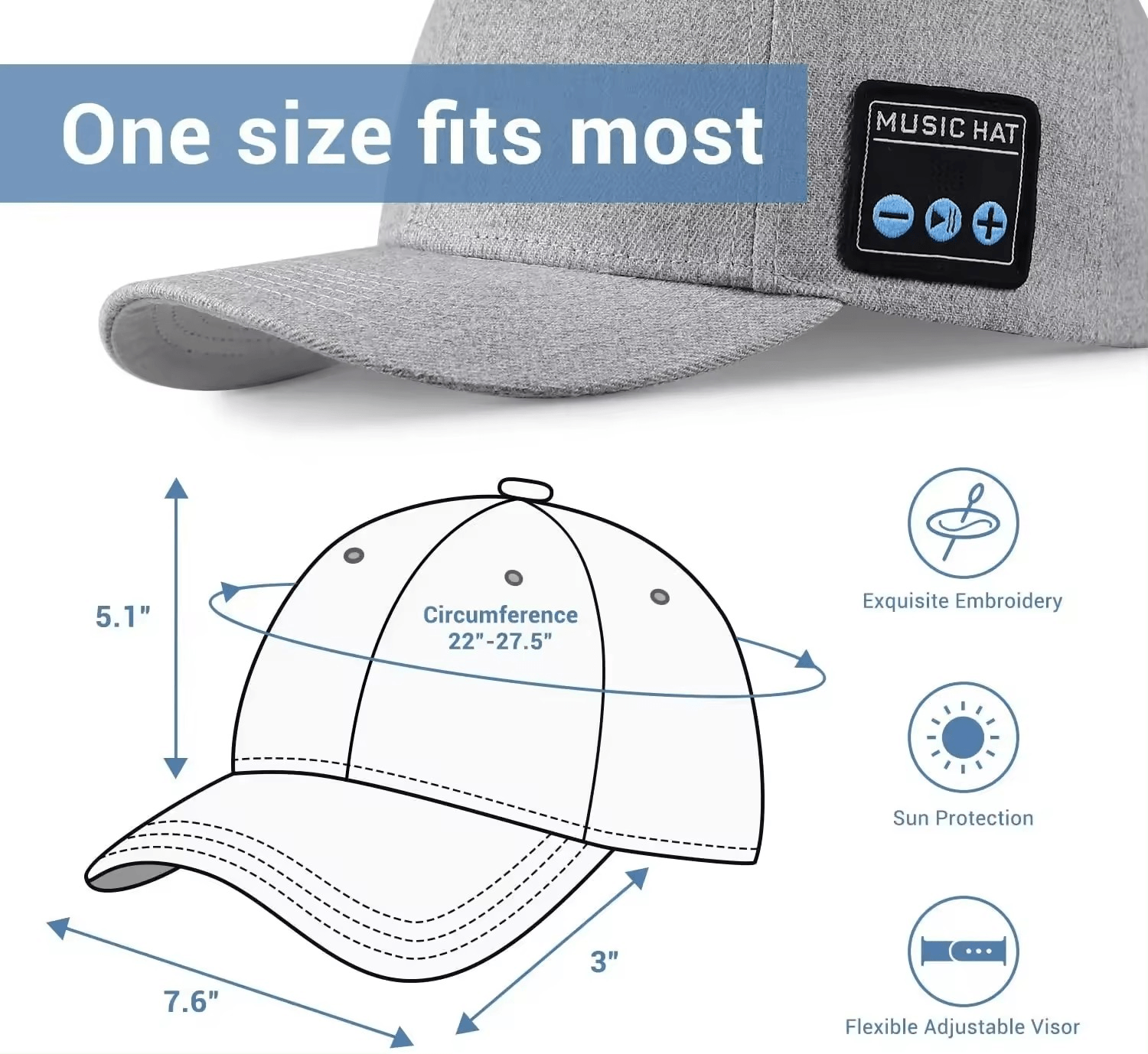 Sapca smart ,multifunctionala in aer liber cu difuzoare Bluetooth , muzica reglabila fara fir - imagine 2