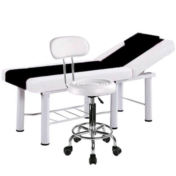 Set salon - Scaun hidraulic cu spatar, Taburet rotativ, Alb + Masa cosmetica, Pat masaj, 186x70x65cm, 22kg, Alb-Negru