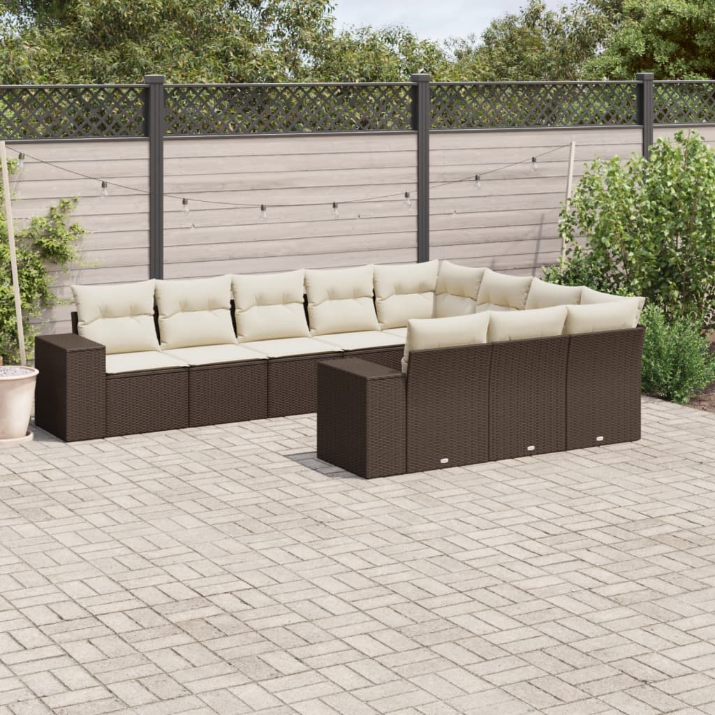 Set canapele de gradina cu perne, 10 piese, maro, poliratan — imaginea 2