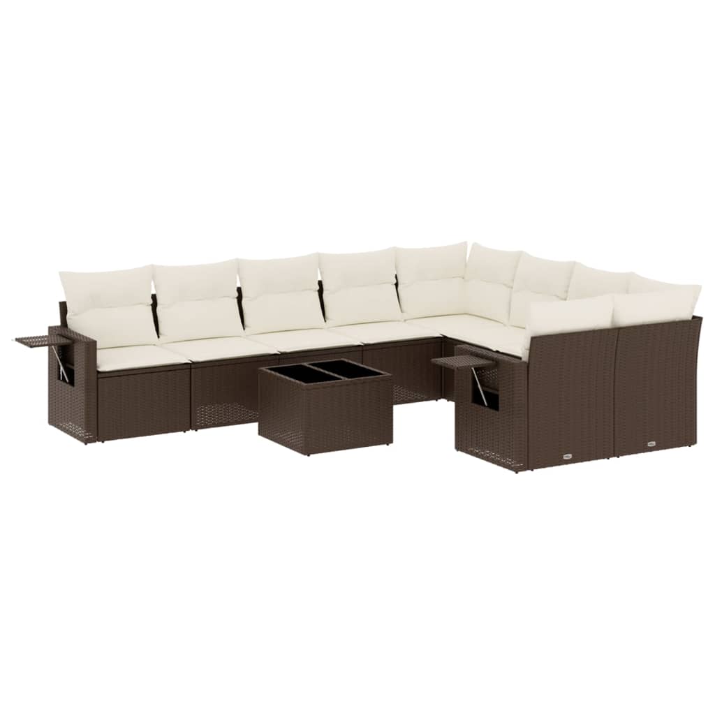 Set canapele de gradina cu perne, 10 piese, maro, poliratan