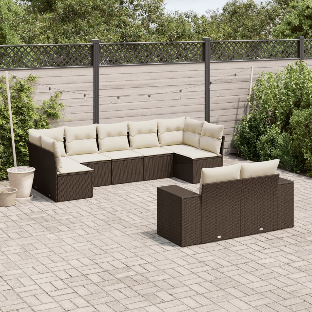 Set canapele de gradina cu perne, 9 piese, maro, poliratan — imaginea 2