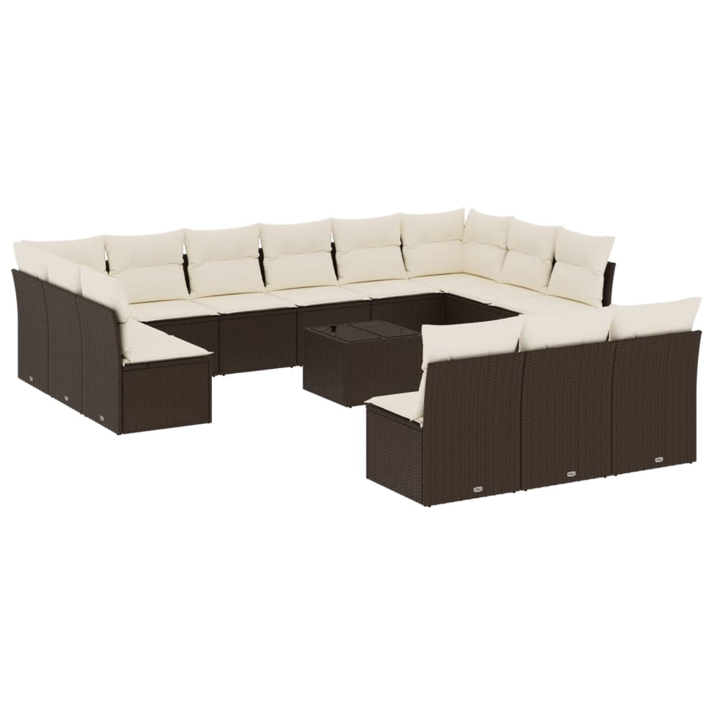 Set mobilier de gradina cu perne, 14 piese, maro, poliratan