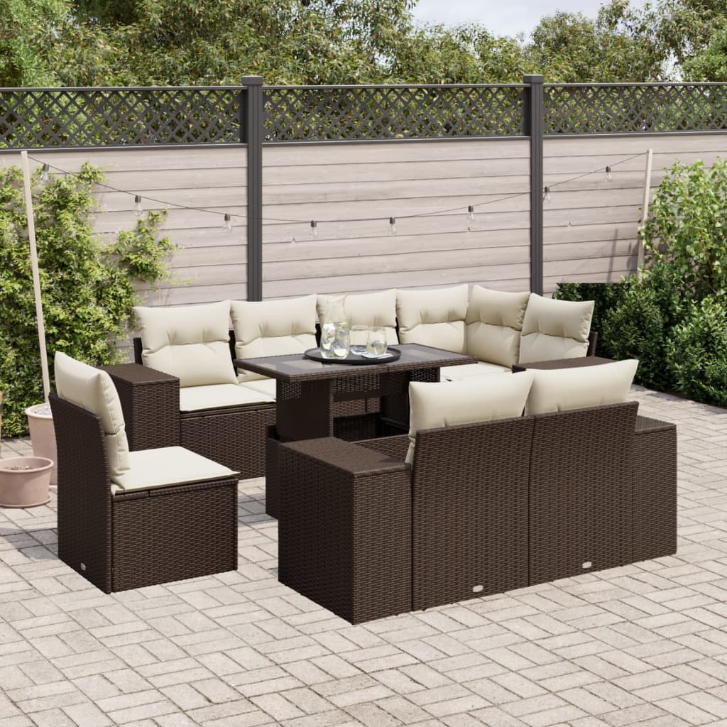 Set canapele de gradina cu perne, 9 piese, maro, poliratan — imaginea 3