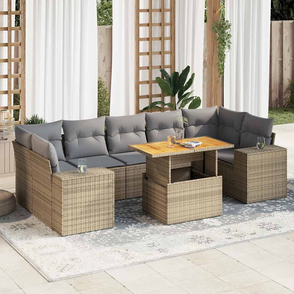 Set canapele de gradina, 8 piese, cu perne, bej, poliratan — imaginea 2