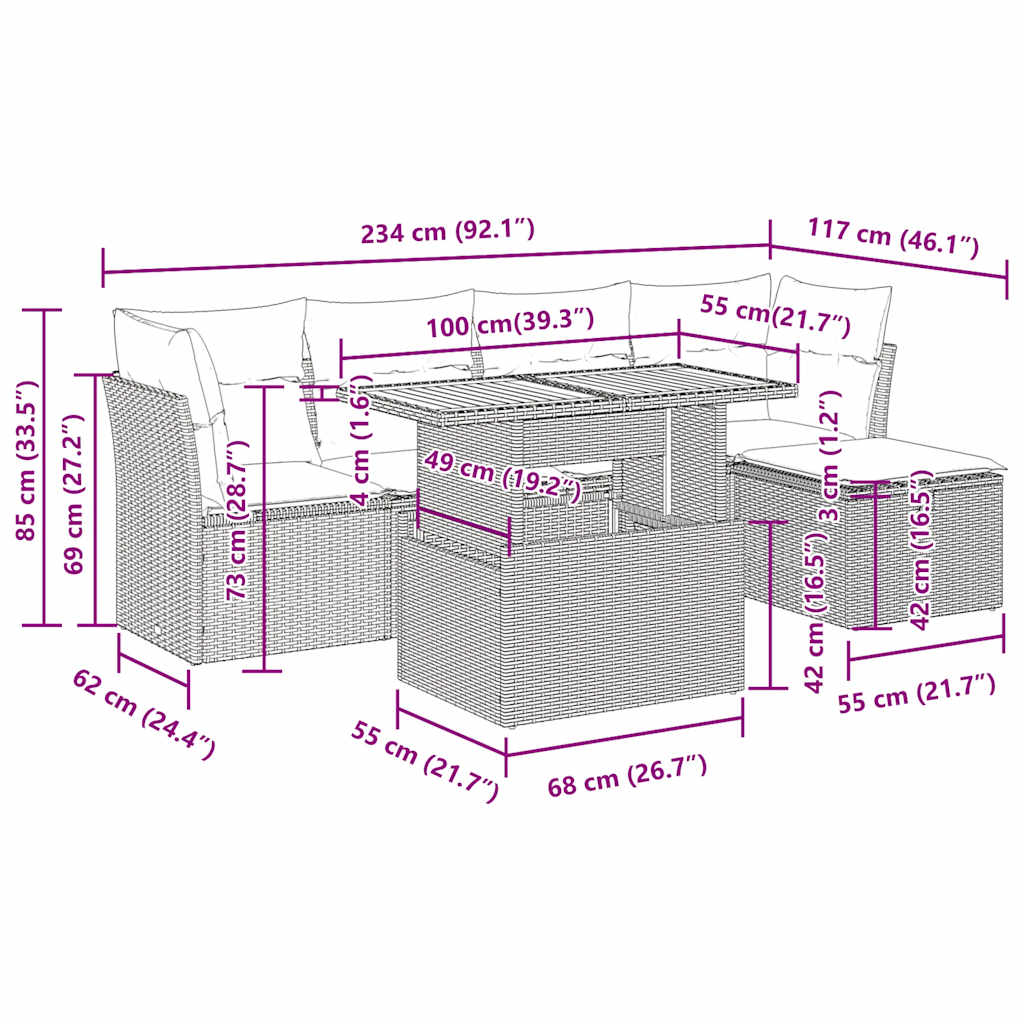 Set mobilier de gradina cu perne, 6 piese, negru, poliratan — imaginea 13