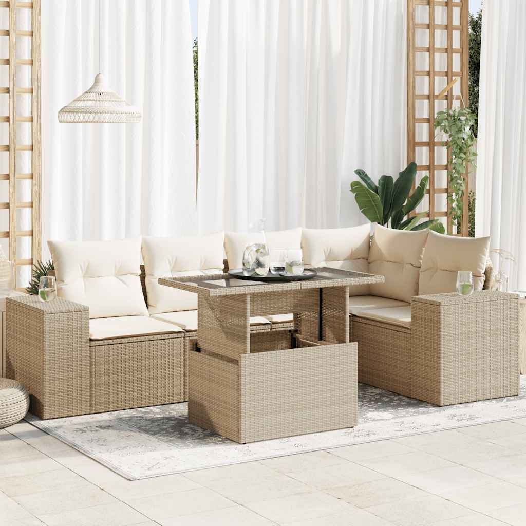 Set canapele de gradina cu perne, 6 piese, bej, poliratan — imaginea 2