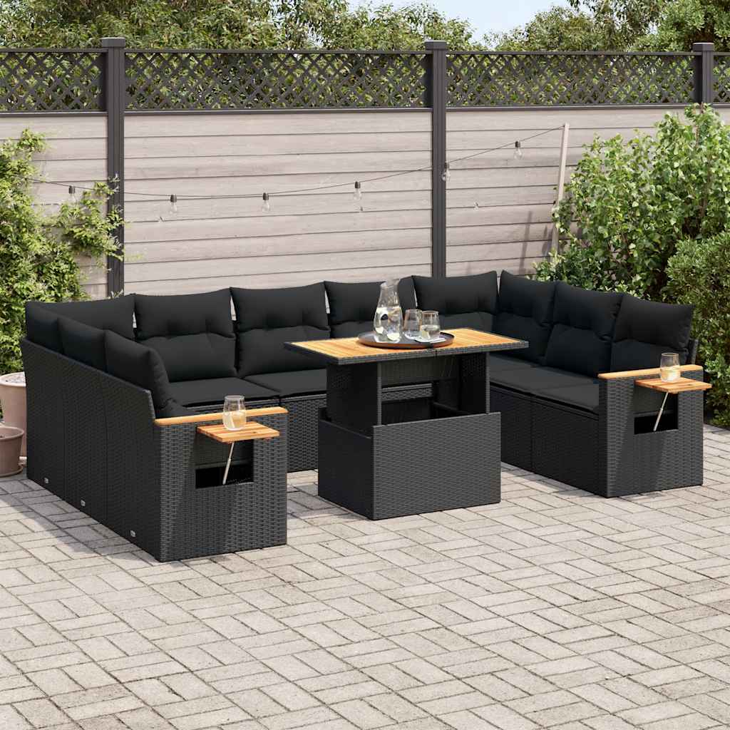 Set canapele de gradina cu perne, 10 piese, negru, poliratan — imaginea 2