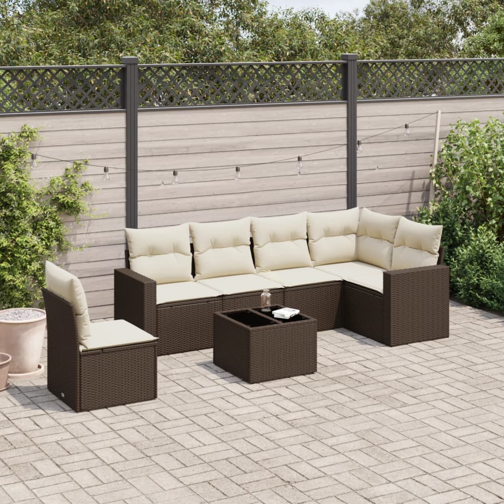 Set canapele de gradina cu perne, 7 piese, maro, poliratan — imaginea 2