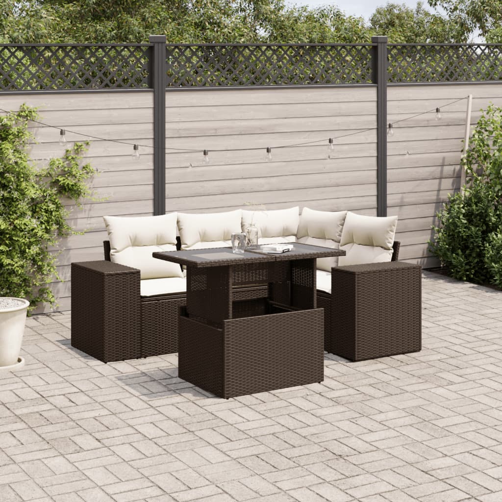 Set canapele de gradina cu perne, 5 piese, maro, poliratan — imaginea 2