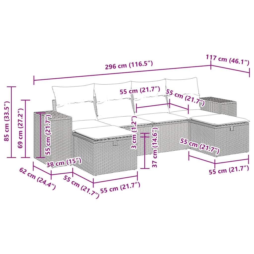 Set canapele de gradina cu perne, 6 piese, bej, poliratan — imaginea 12
