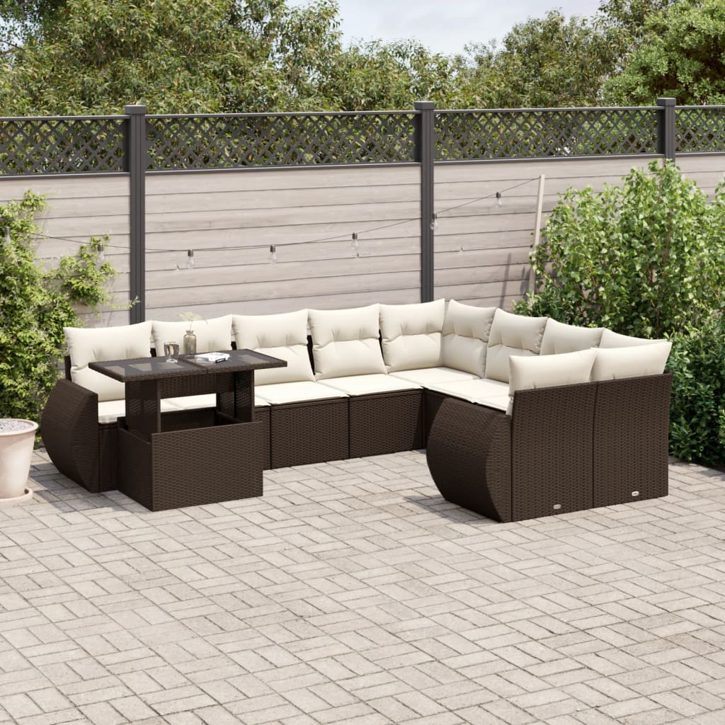 Set canapele de gradina cu perne, 10 piese, maro, poliratan — imaginea 2