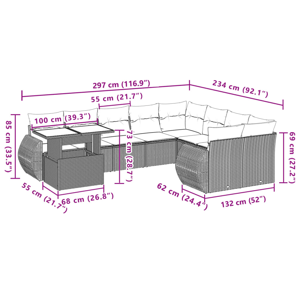 Set canapele de gradina cu perne, 10 piese, maro, poliratan — imaginea 10