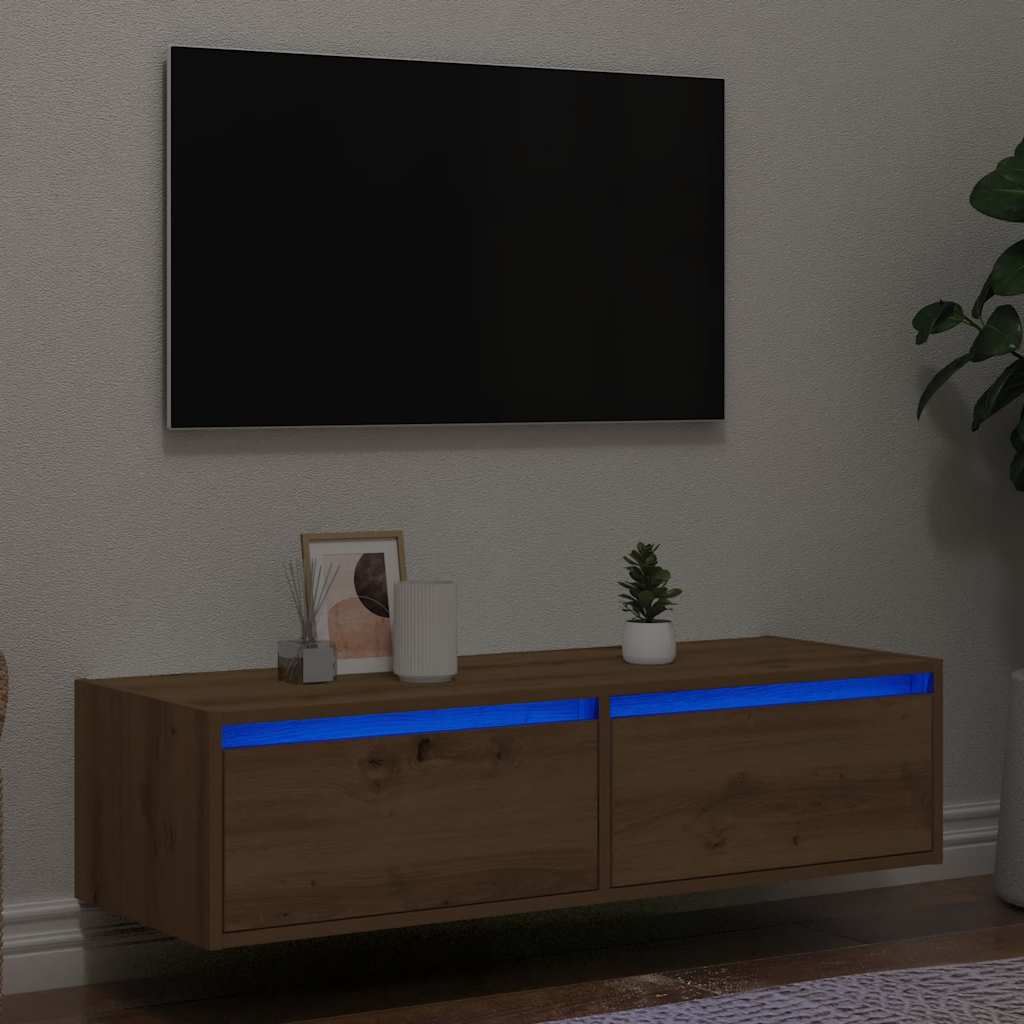 Comoda TV cu lumini LED, stejar artizanal, 100X35,5x25 cm — imaginea 2