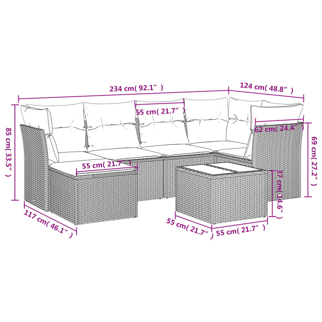 Set canapele de gradina cu perne, 7 piese, maro, poliratan — imaginea 3