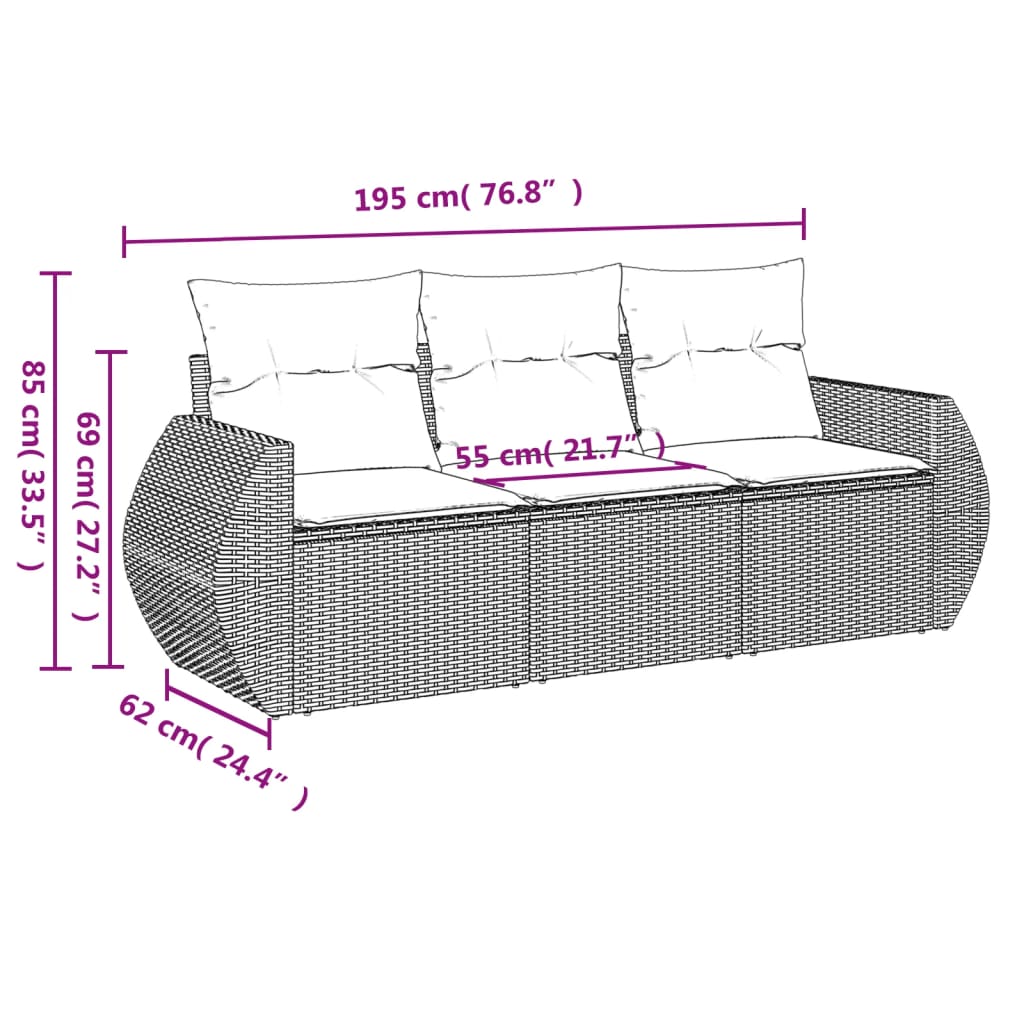 Set canapele de gradina cu perne, 3 piese, maro, poliratan — imaginea 3