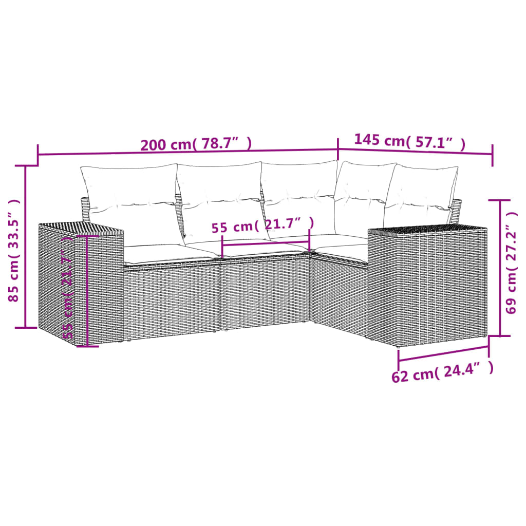 Set canapele de gradina, 4 piese, cu perne, maro poliratan maro — imaginea 3
