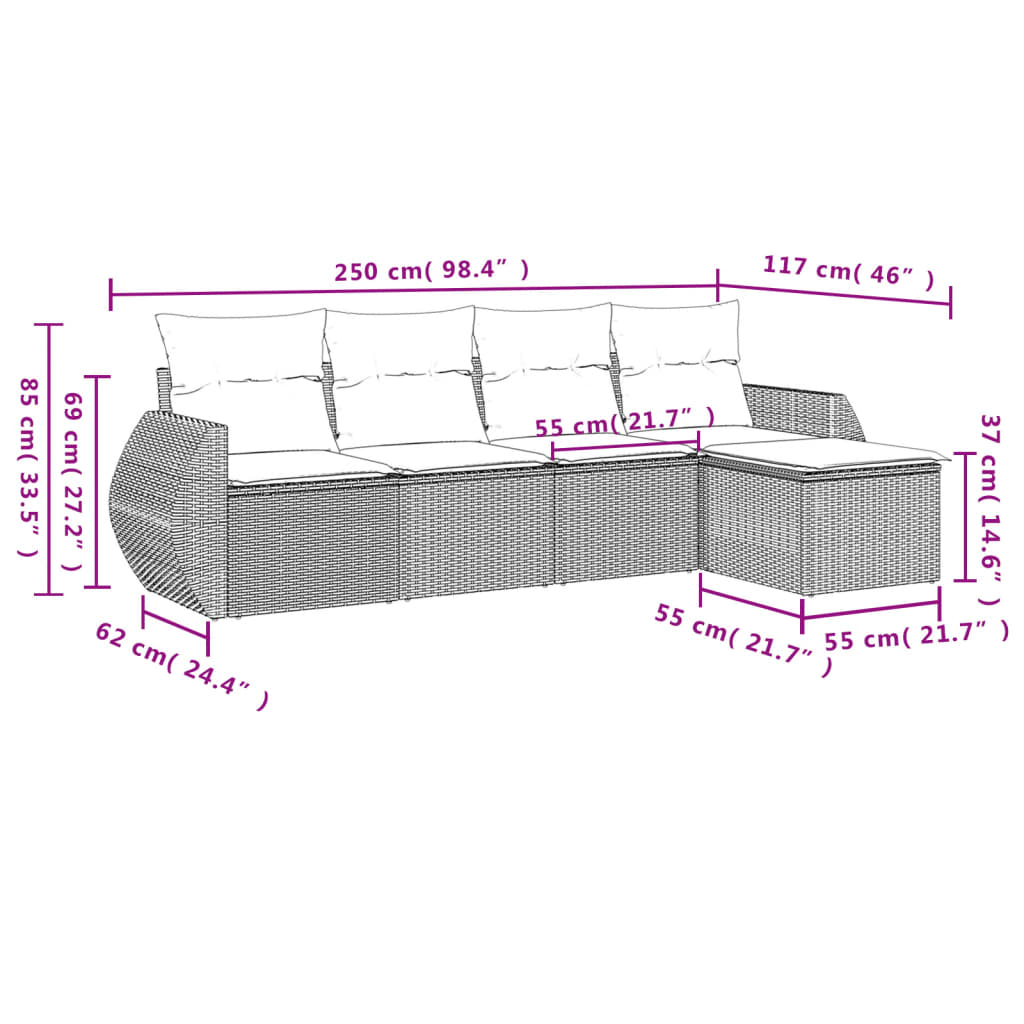 Set canapele de gradina cu perne, 5 piese, maro, poliratan — imaginea 7