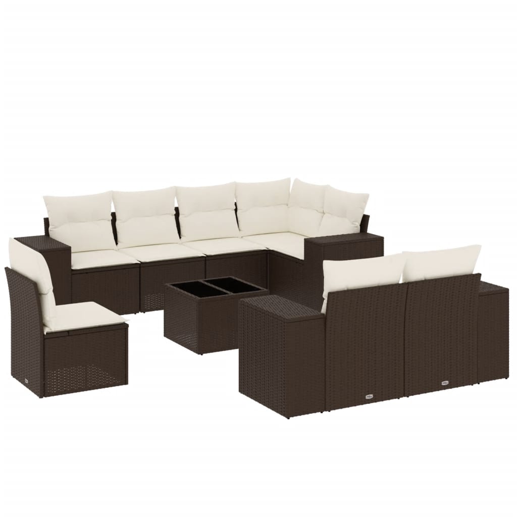 Set canapele de gradina cu perne, 9 piese, maro, poliratan