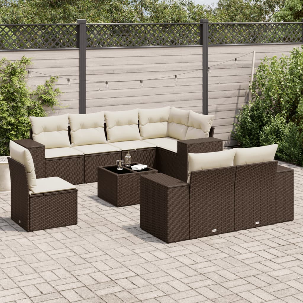 Set canapele de gradina cu perne, 9 piese, maro, poliratan — imaginea 2