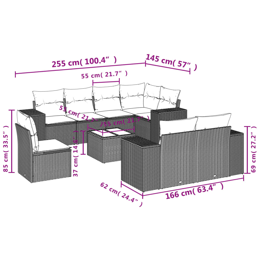 Set canapele de gradina cu perne, 9 piese, maro, poliratan — imaginea 8