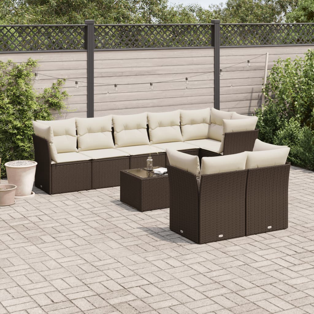 Set canapele de gradina cu perne, 9 piese, maro, poliratan — imaginea 2