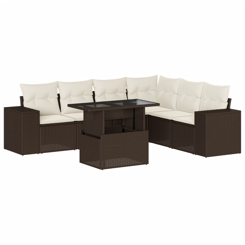 Set canapele de gradina cu perne, 7 piese, maro, poliratan
