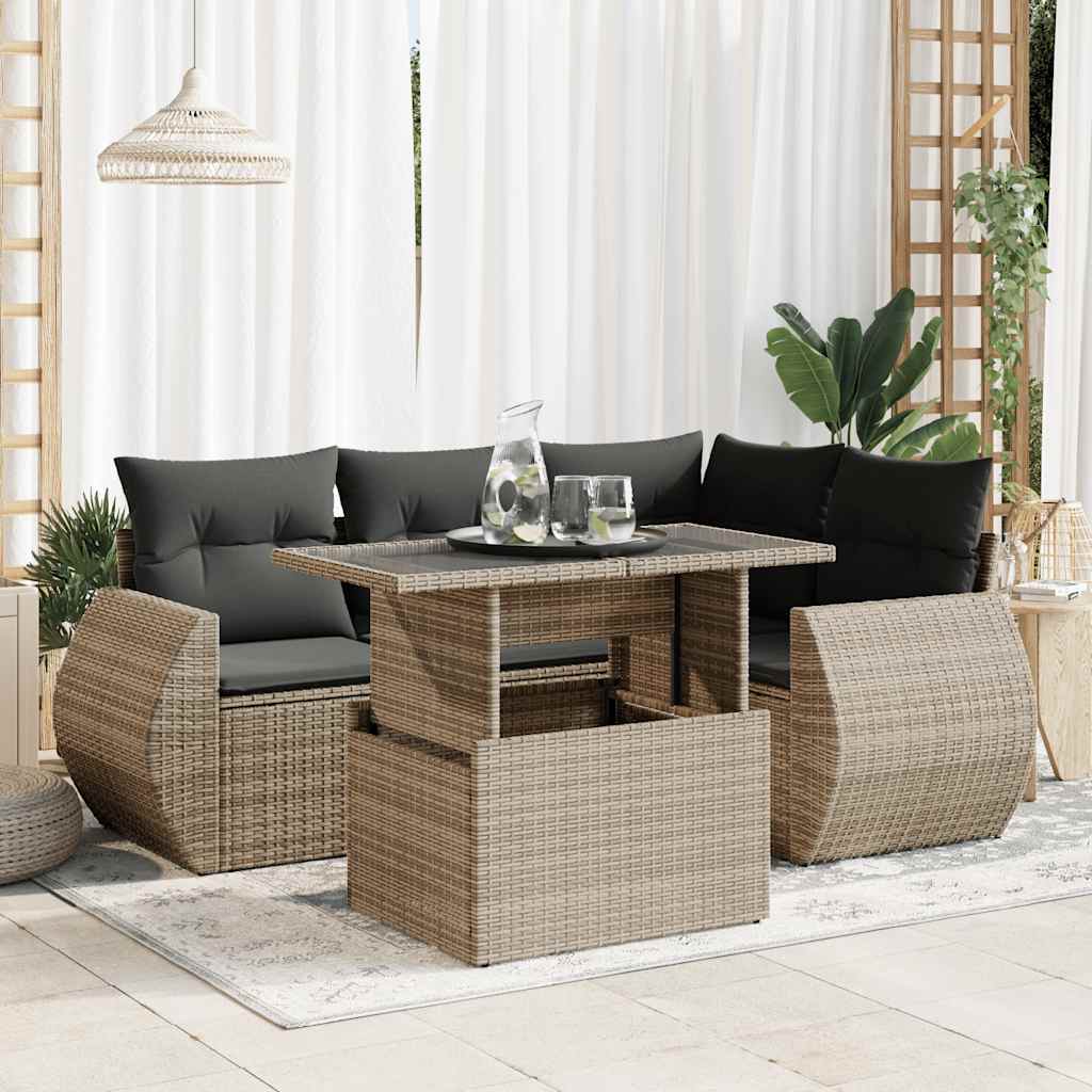 Set canapea de gradina cu perne, 5 piese, gri, poliratan — imaginea 2