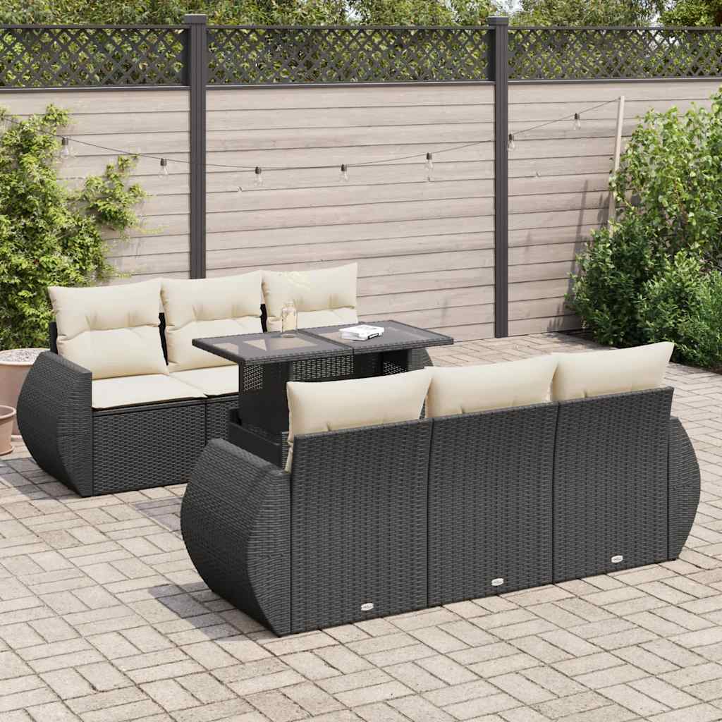 Set canapele de gradina cu perne, 7 piese, negru, poliratan — imaginea 2