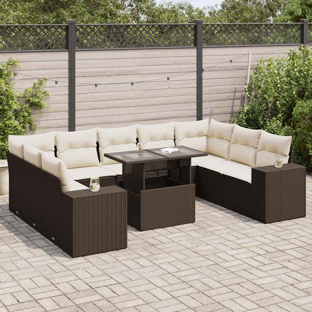 Set canapele de gradina cu perne, 10 piese, maro, poliratan — imaginea 2
