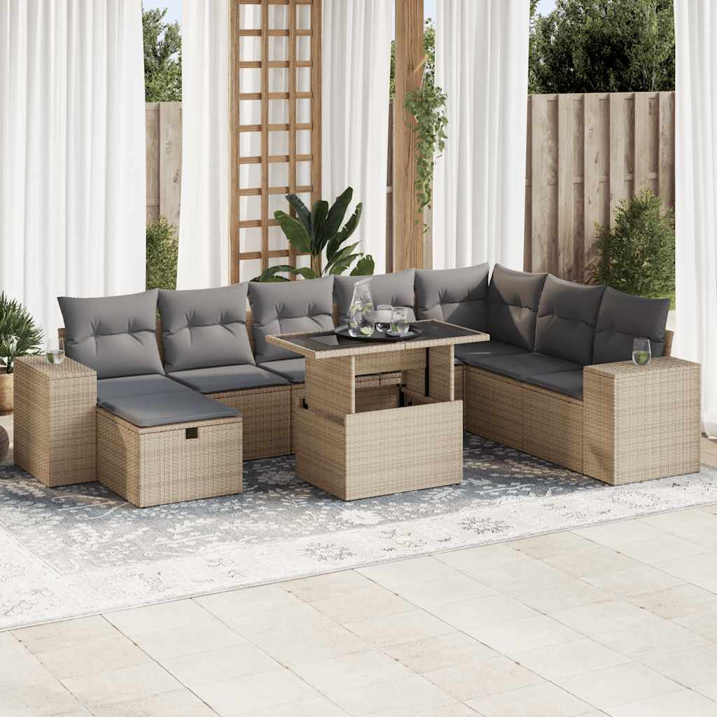 Set canapele de gradina, 9 piese, cu perne, bej, poliratan — imaginea 2