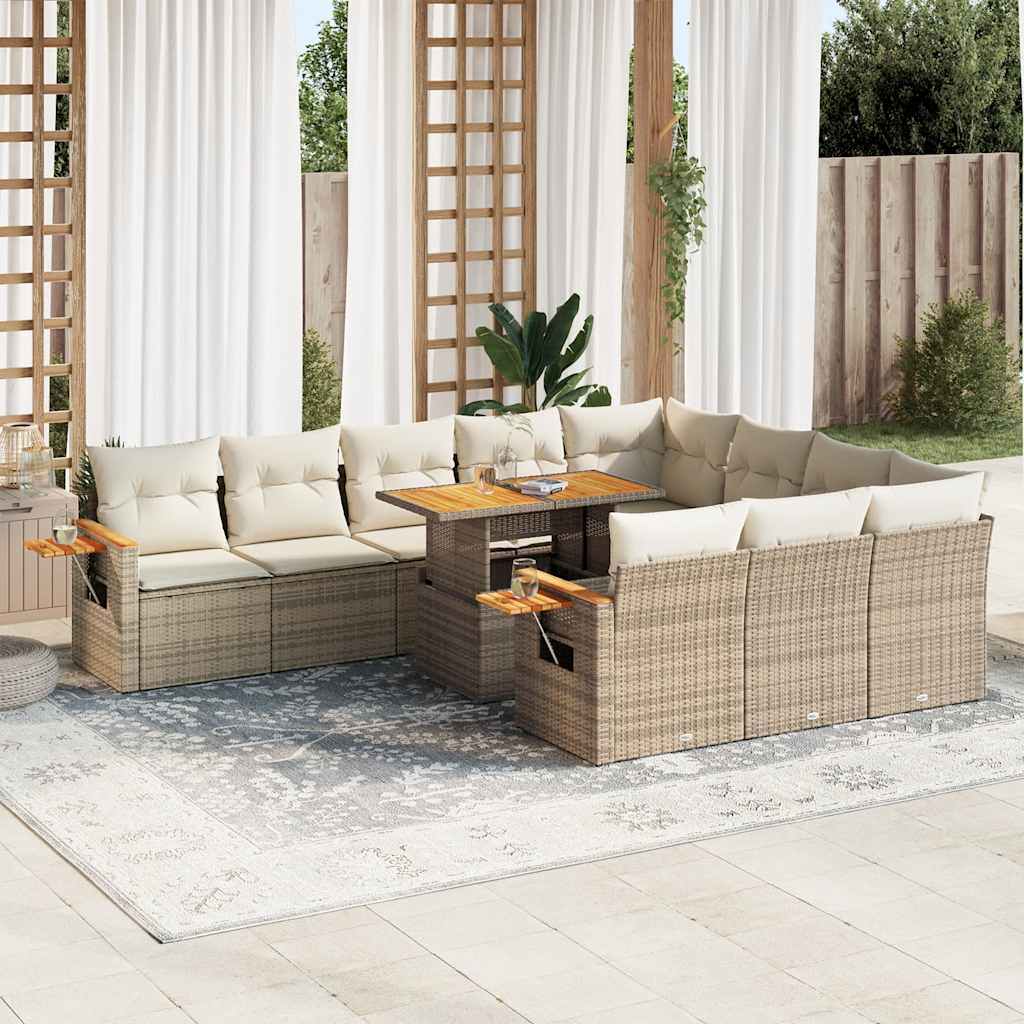Set canapele de gradina cu perne, 10 piese, bej, poliratan — imaginea 2